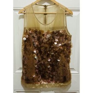 Ann Taylor Sequins Sheer Overlay Tank Top Gold Metallic Women's Size 12